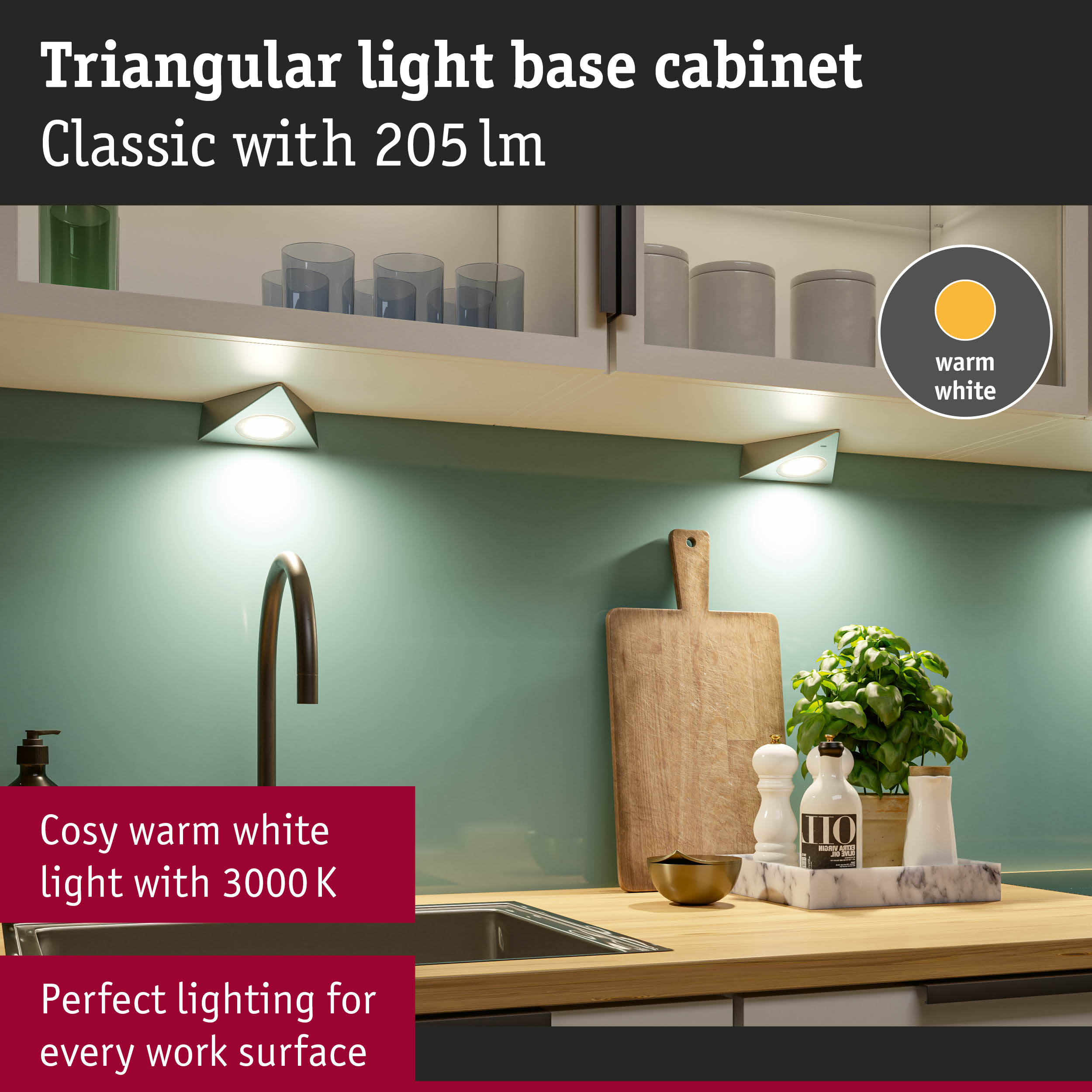 Triangular white LED under-cabinet light with warm white illumination for kitchen worktops