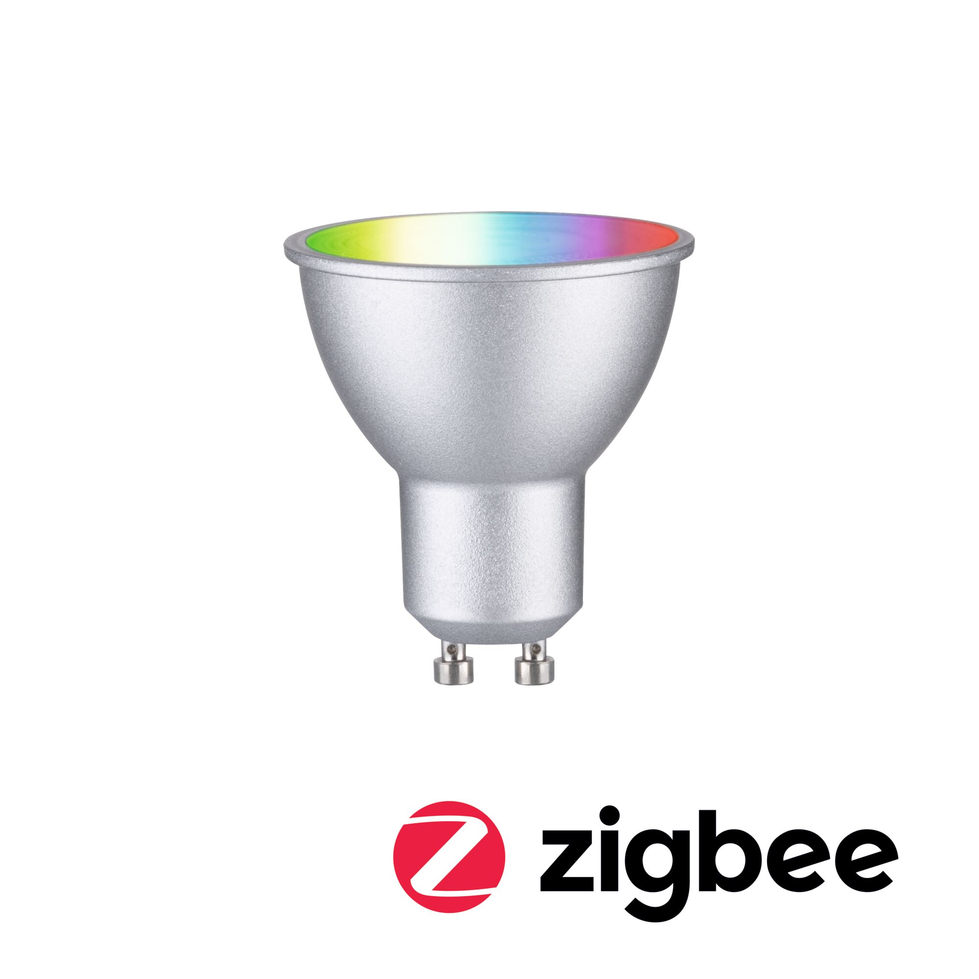 Sølv LED-spot med GU10 fatning og RGB farveskift til smart Zigbee-belysning