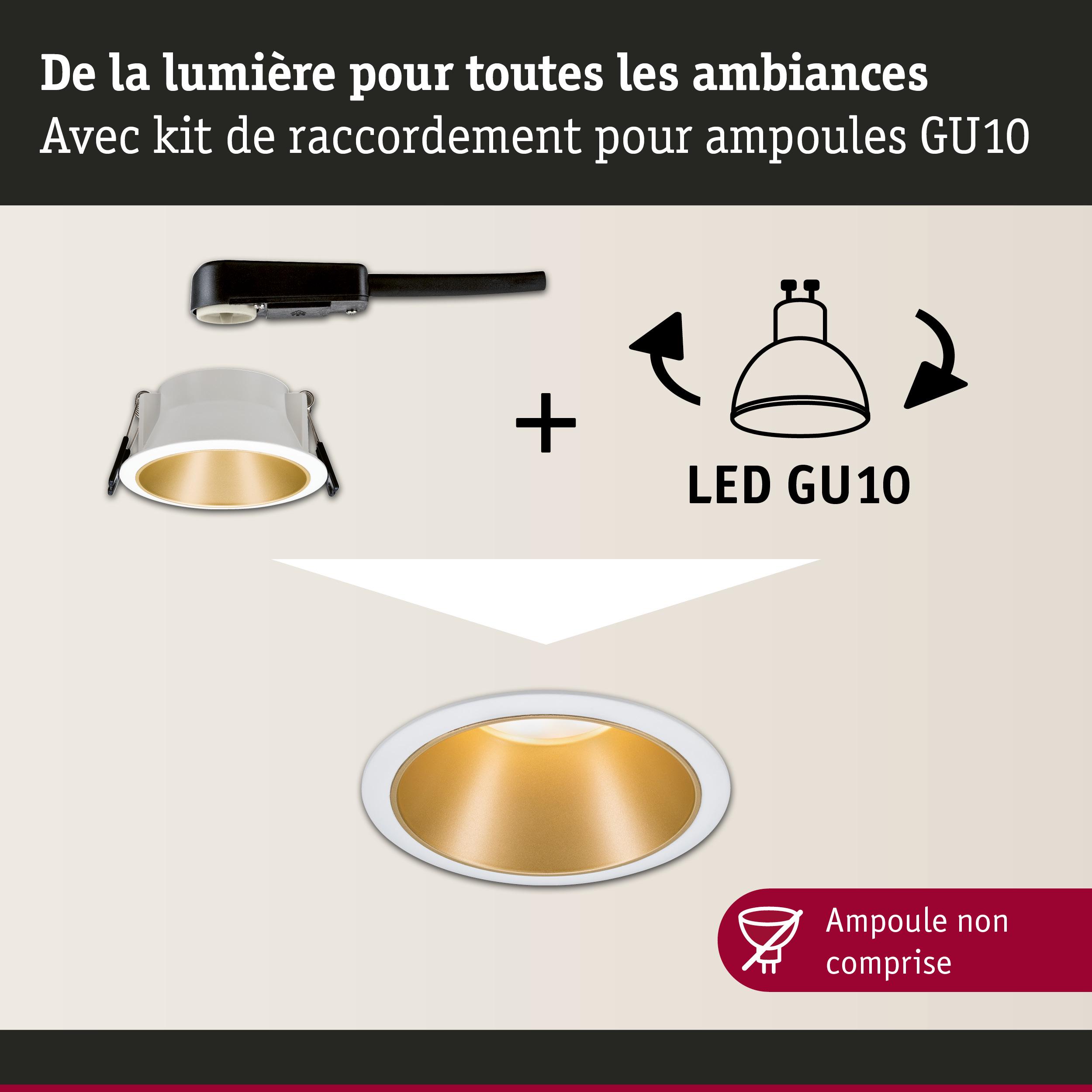 Spot encastré blanc avec réflecteur doré et kit de raccordement pour ampoules LED GU10