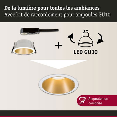 Spot encastré blanc avec réflecteur doré et kit de raccordement pour ampoules LED GU10
