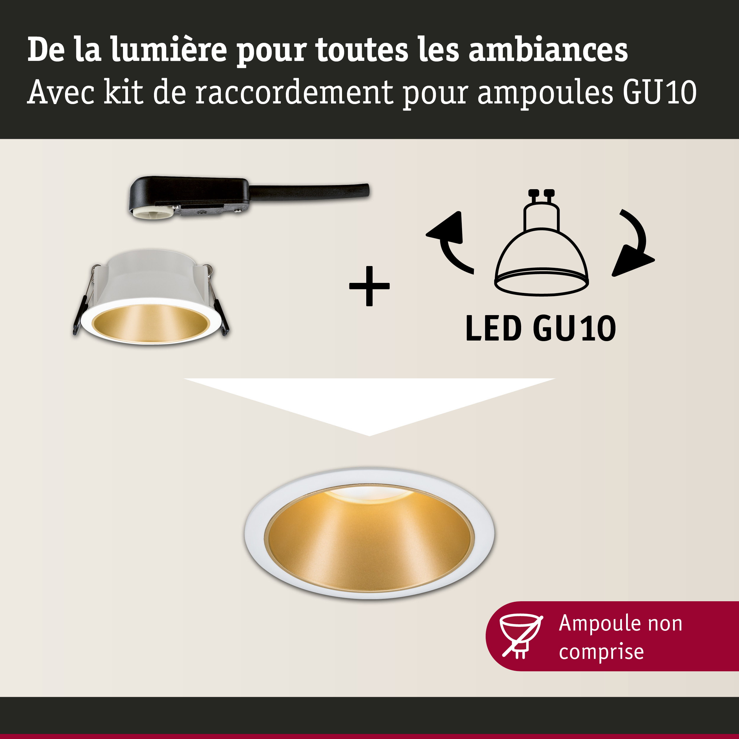 Spot encastré blanc avec réflecteur doré et câble noir pour ampoules LED GU10