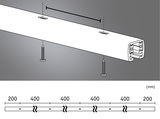Technische Zeichnung eines weißen Aluminium-Profils mit Schrauben und Maßangaben in Millimetern.