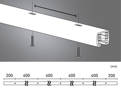 Technische tekening van wit aluminium profiel met schroeven en afmetingen in millimeters.