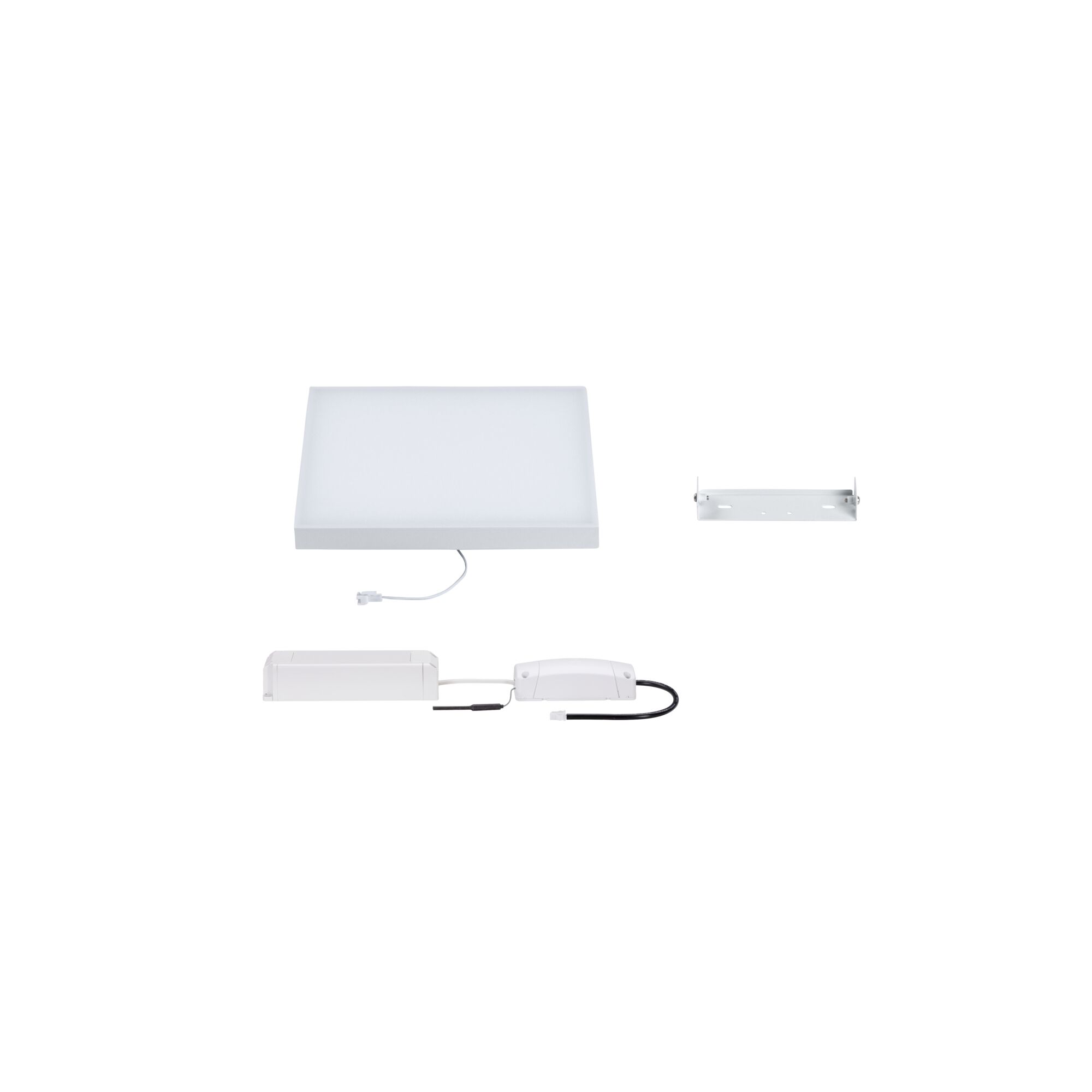 White square LED panel with driver and mounting bracket for energy-efficient ceiling lighting