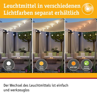 Außenbeleuchtung mit LED-Lichterkette in neutralweiß, warmweiß und goldfarben, insektenfreundlich