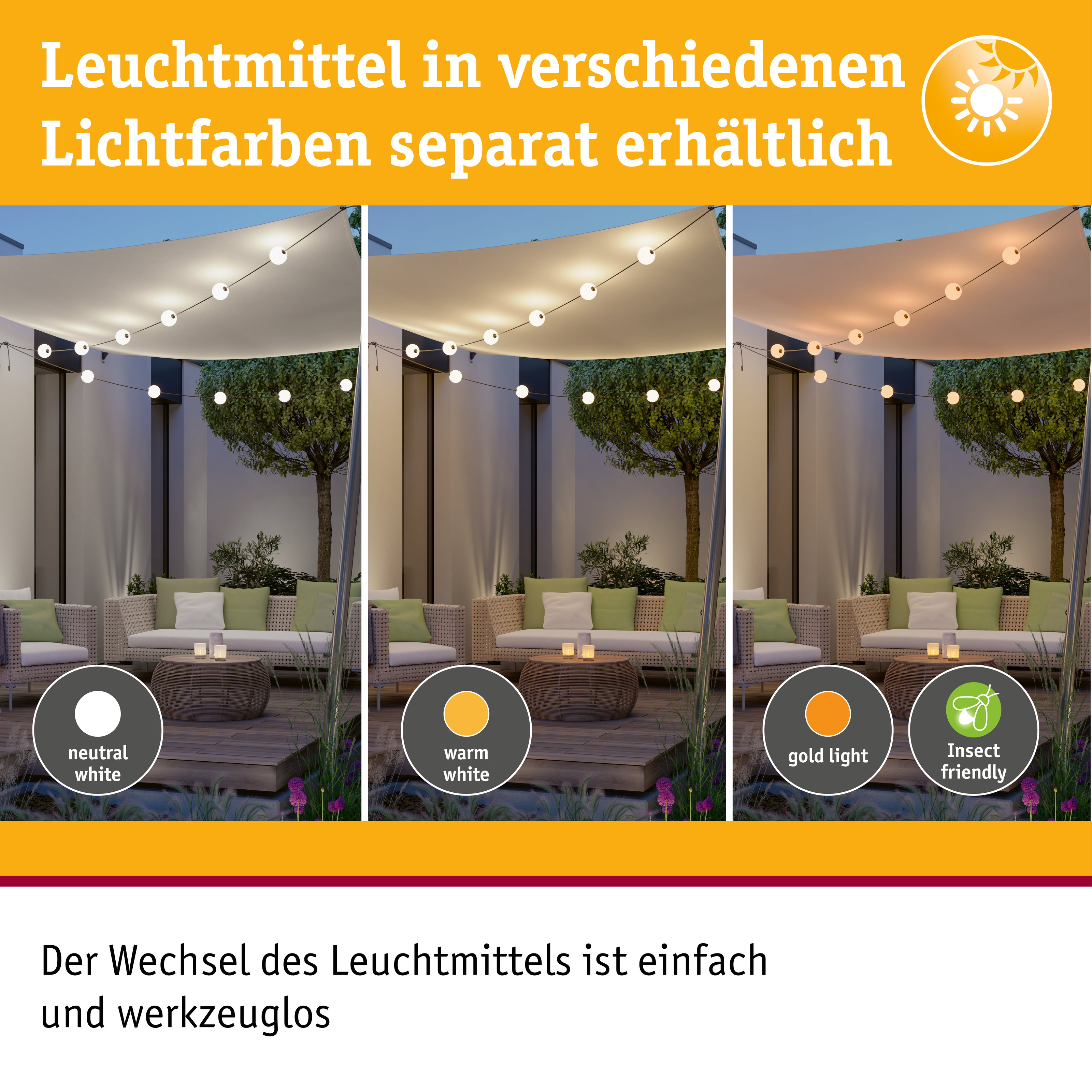 Außenbeleuchtung mit Leuchtmitteln in neutralweiß, warmweiß und goldfarben, insektenschonend