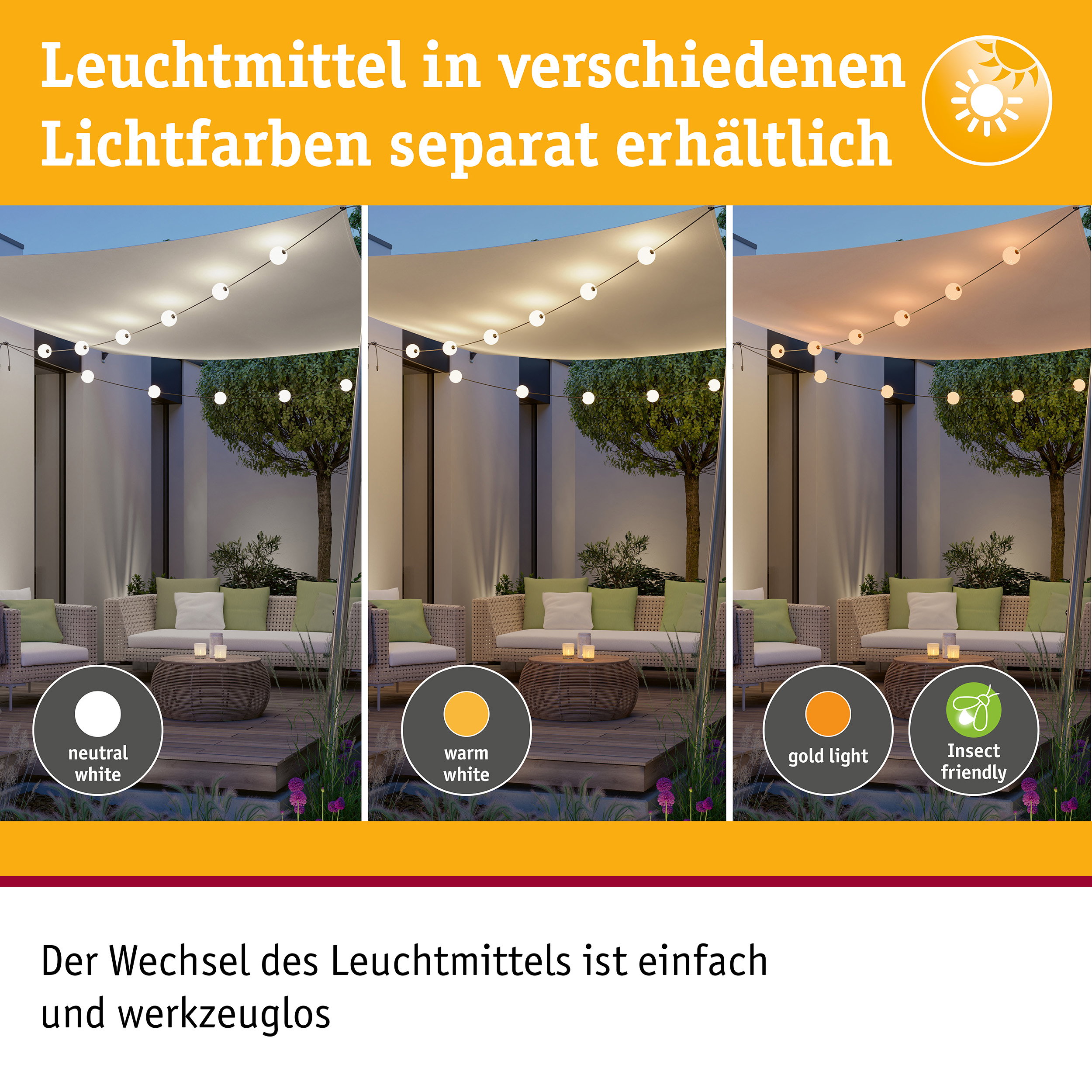 Außenbeleuchtung mit Leuchtmitteln in neutralweiß, warmweiß und goldfarben, insektenschonend