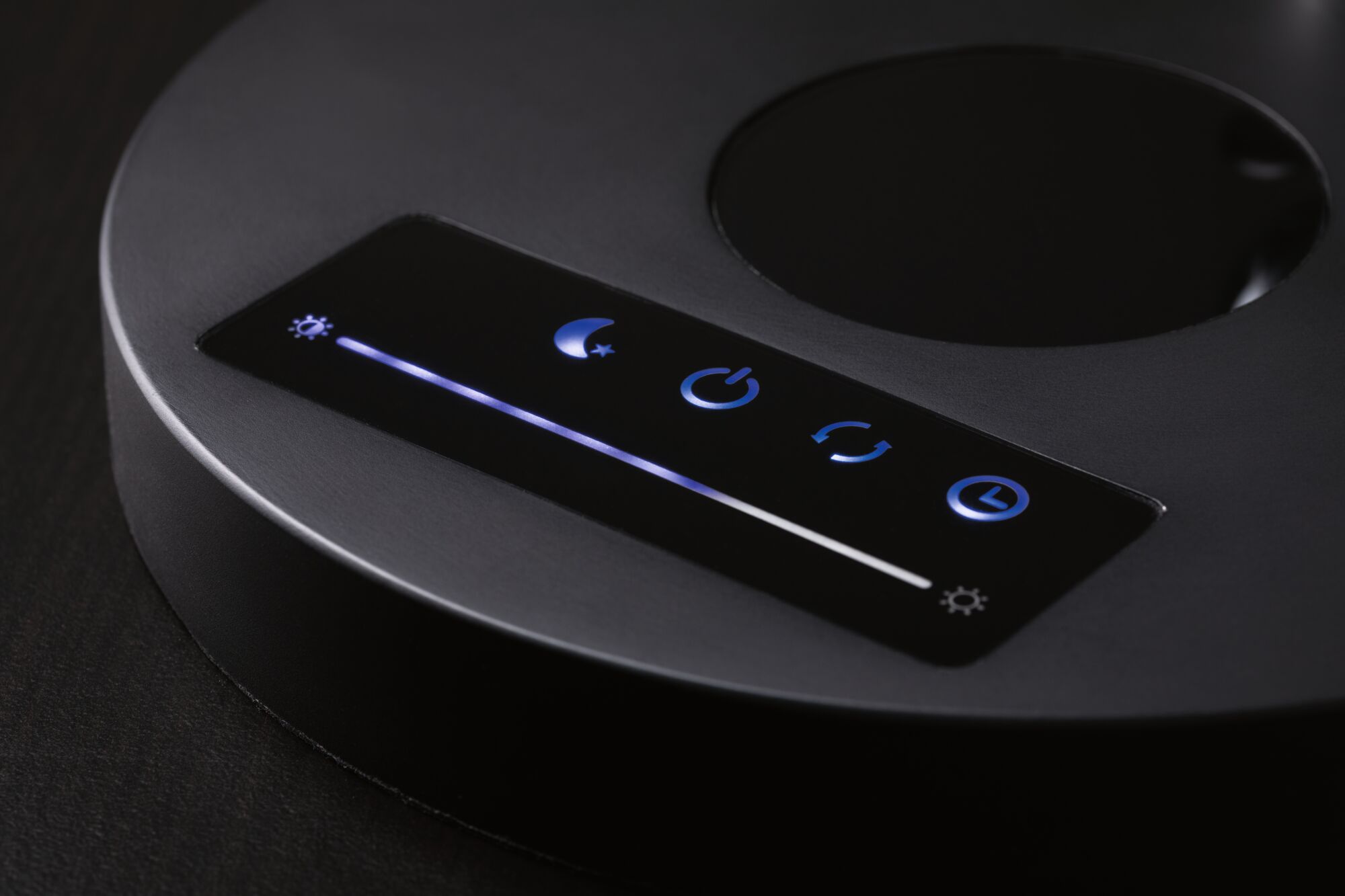Black LED touch panel with brightness control and icons for night mode, power, cycle, and timer