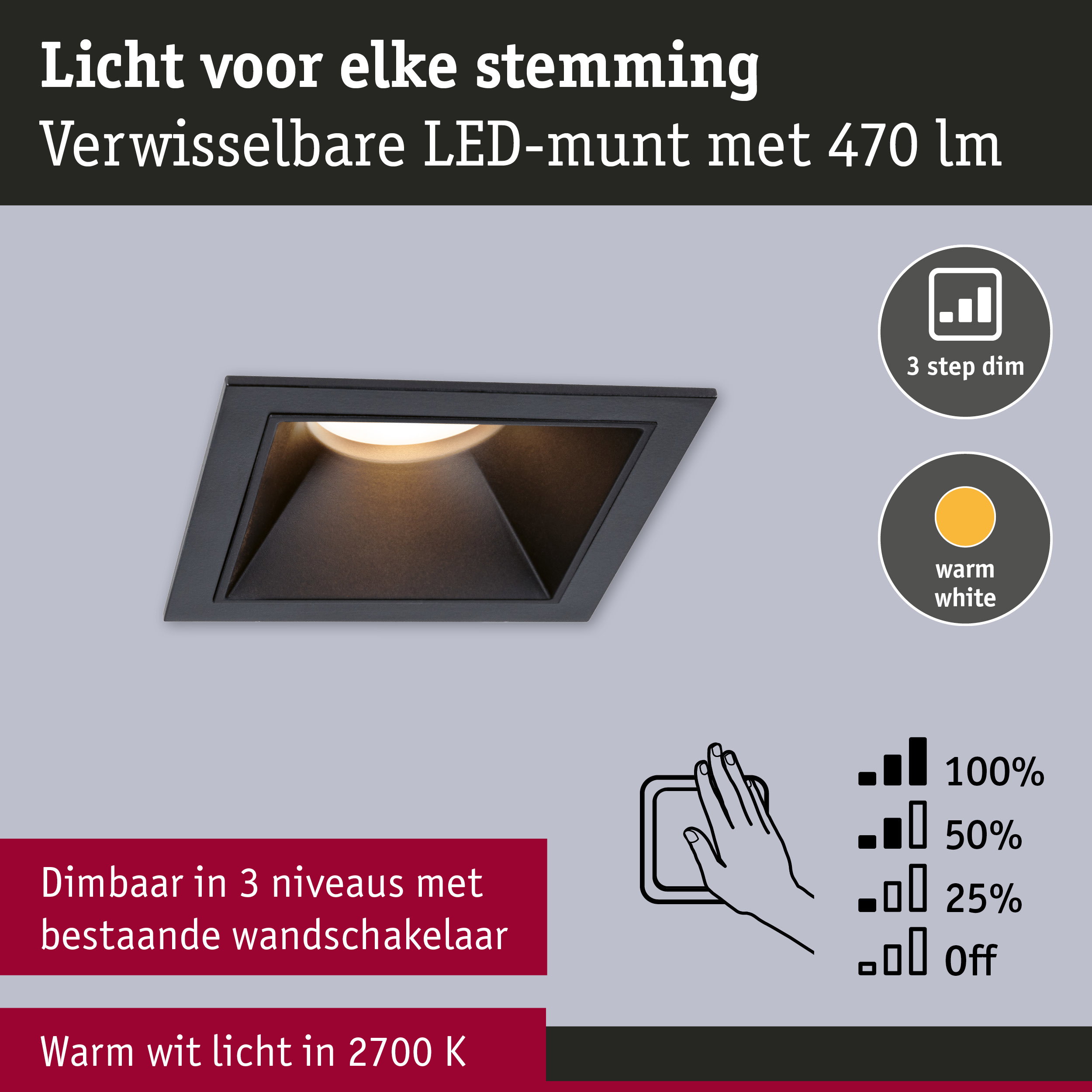 Zwarte LED-inbouwspot met warm wit licht 2700K en 3-traps dimfunctie voor sfeerverlichting