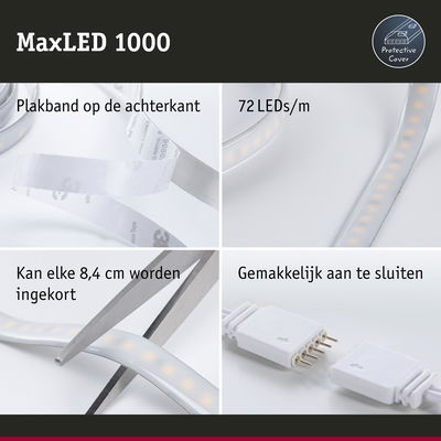 MaxLED 1000 LED-strip met 72 LEDs/m, zelfklevend, elke 8,4 cm in te korten, eenvoudig aan te sluiten LED-verlichting