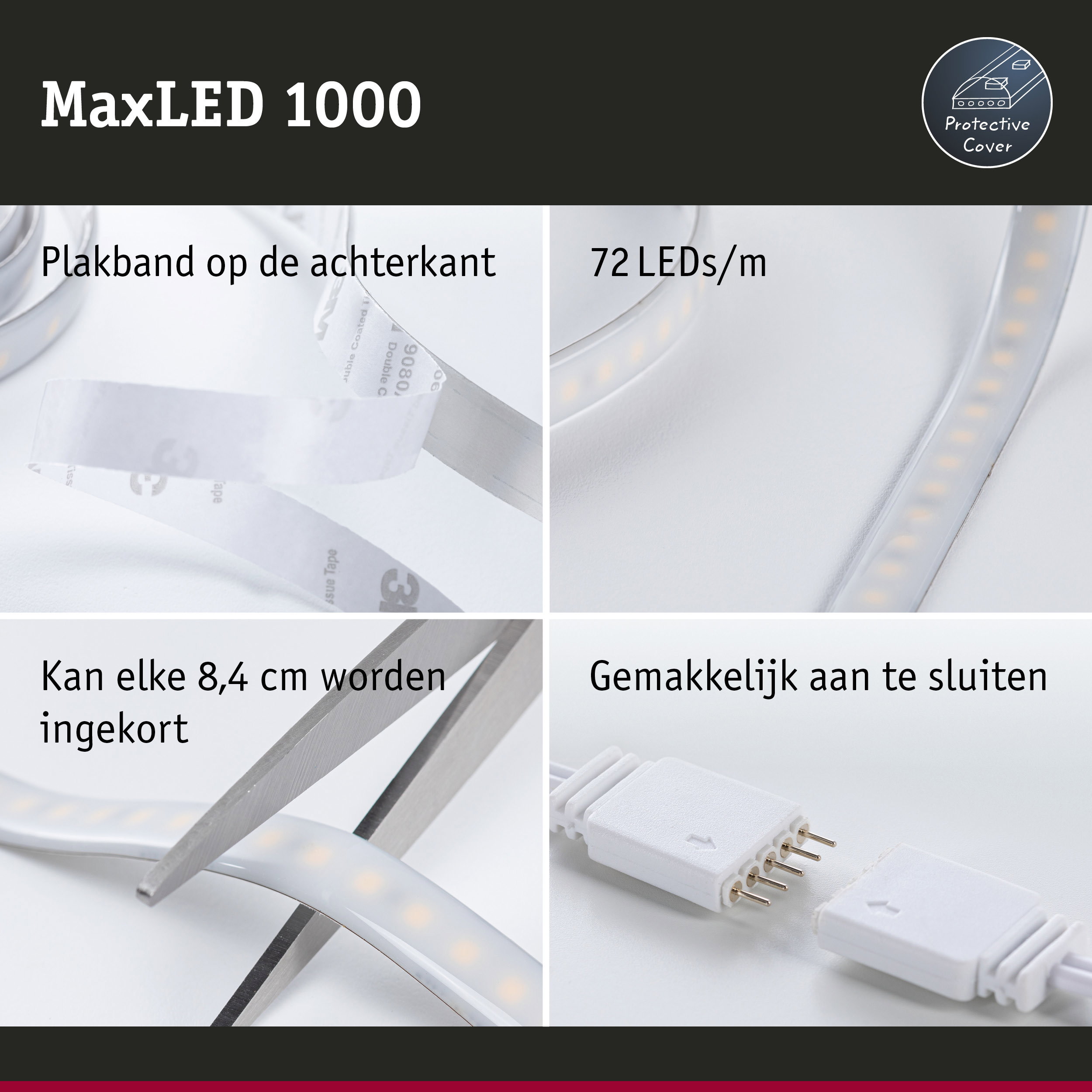 MaxLED 1000 LED-strip met beschermhoes, 72 LEDs/m, zelfklevend en op maat te knippen