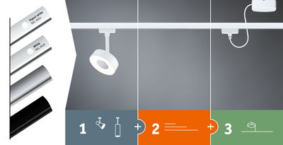 Paulmann URail wit railsysteem met diverse lampen en accessoires voor flexibele verlichting.