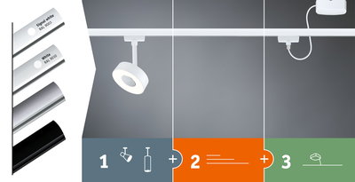 Système d'éclairage sur rail Paulmann URail blanc avec lampes et accessoires pour éclairage flexible.