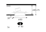 Technical drawing of adjustable recessed spotlight with 93 mm diameter and 30-degree tilt