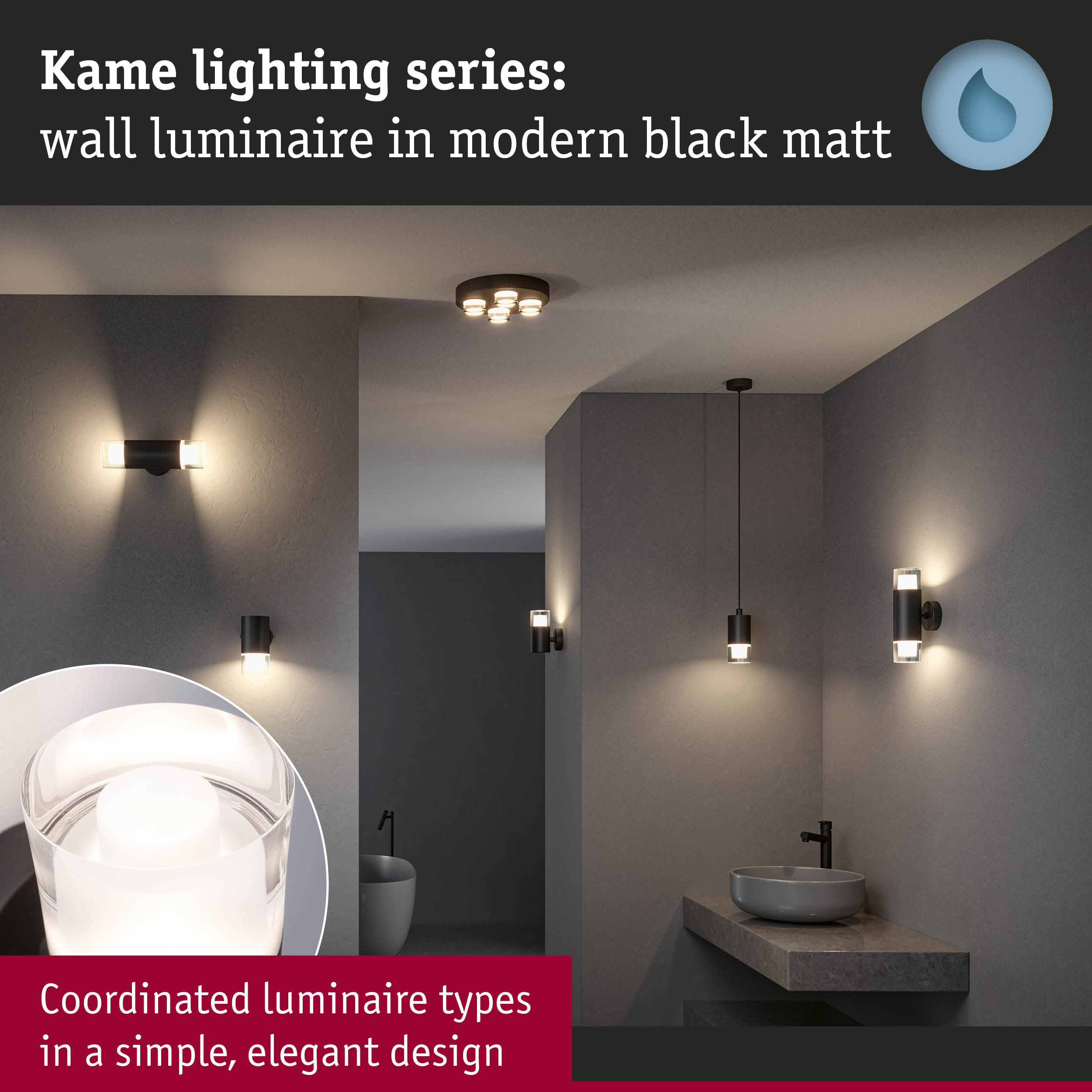 Kame matte black wall luminaire with simple elegant design for modern interior lighting