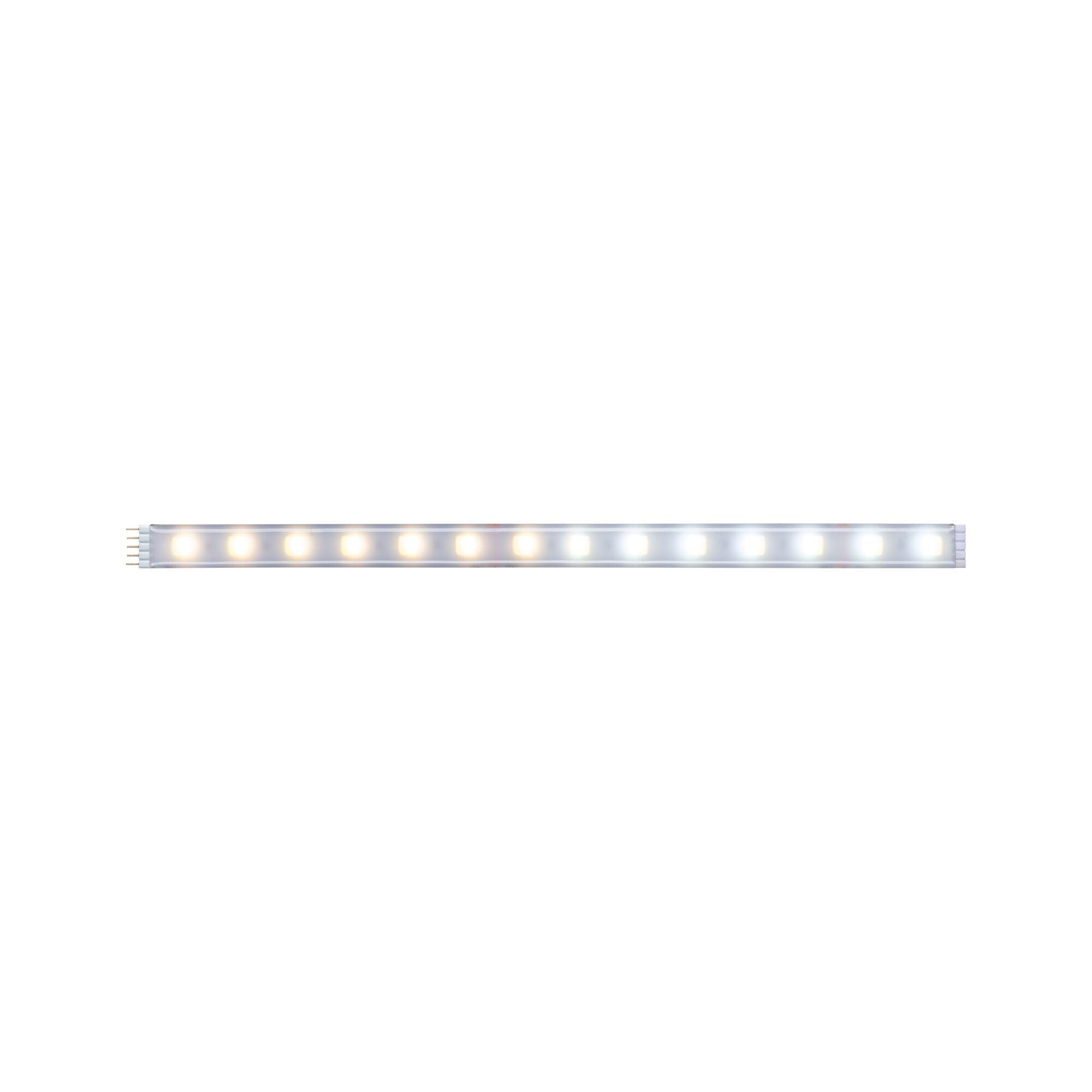 LED light strip with warm and cool white LEDs in transparent casing for versatile lighting use