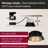 Montage simple spot encastré LED noir intérieur doré avec profondeur d'installation de 55 mm