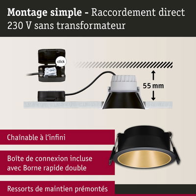 Montage simple spot encastré LED noir intérieur doré avec profondeur d'installation de 55 mm