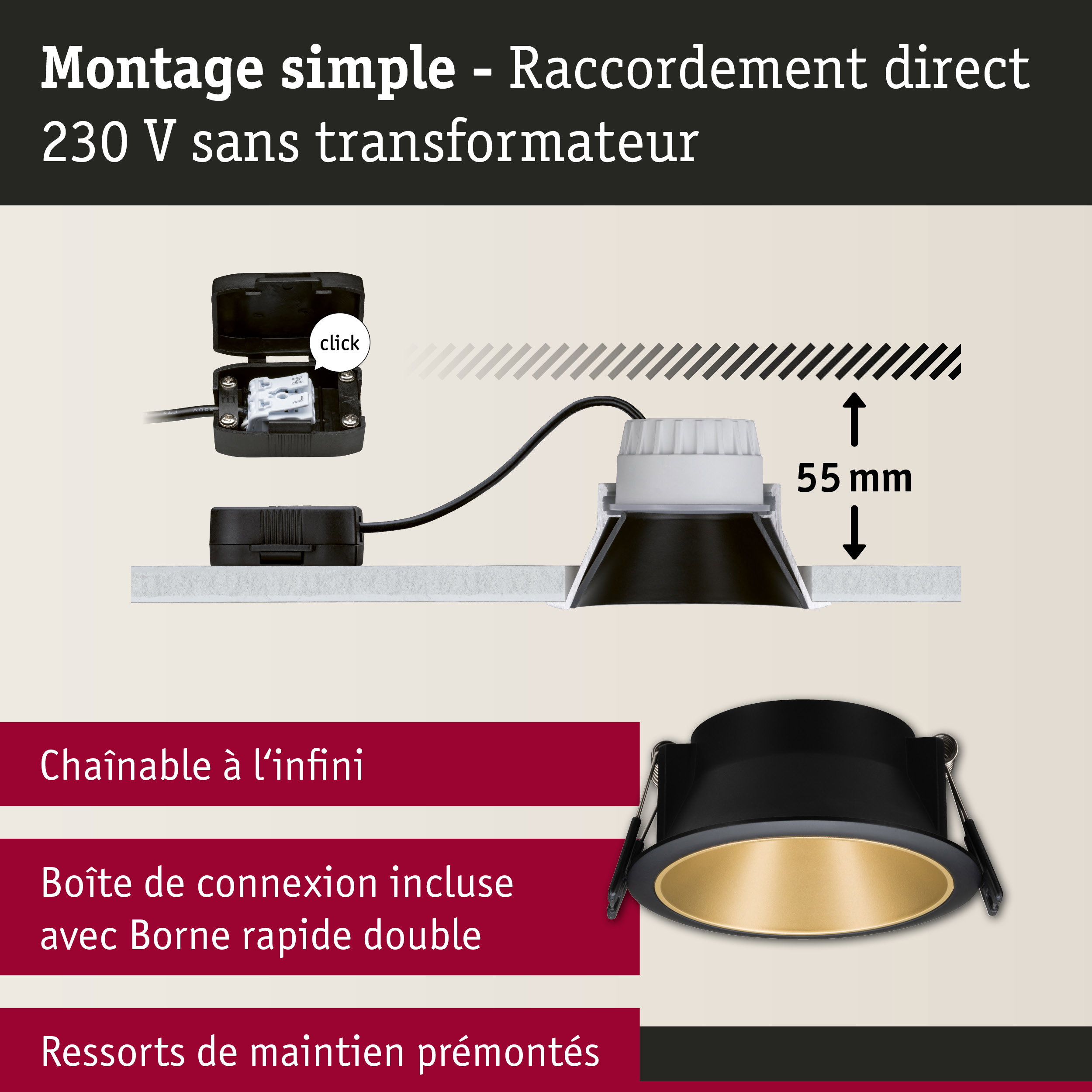 Spot encastré noir avec intérieur doré et raccordement direct 230V sans transformateur