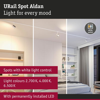 URail Spot Aldan LED spotlight with white light control in modern bedroom showing adjustable light colours