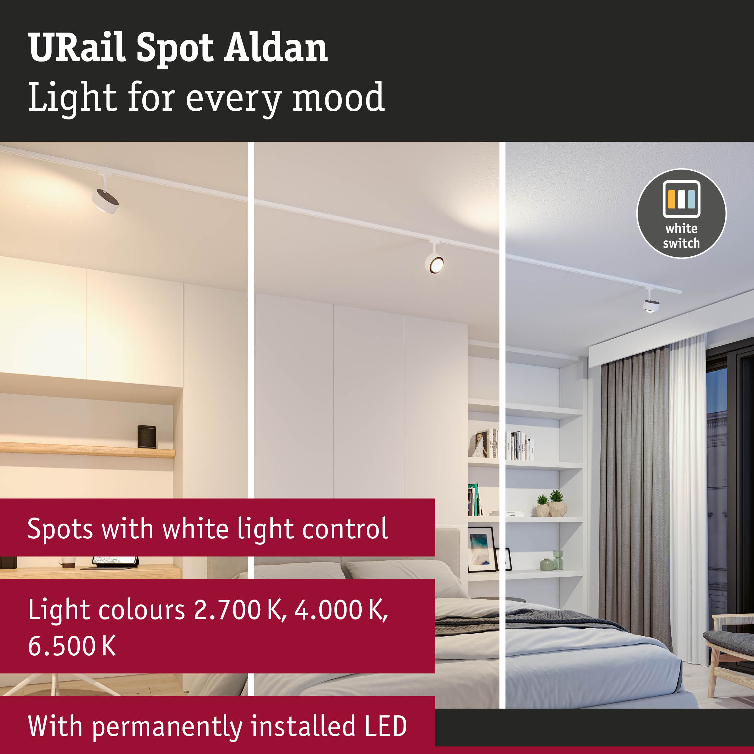 URail Spot Aldan white LED ceiling light with adjustable light colours and white switch