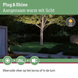 Tuin met warm wit LED-licht dat boom en terras sfeervol verlicht, buitenverlichting