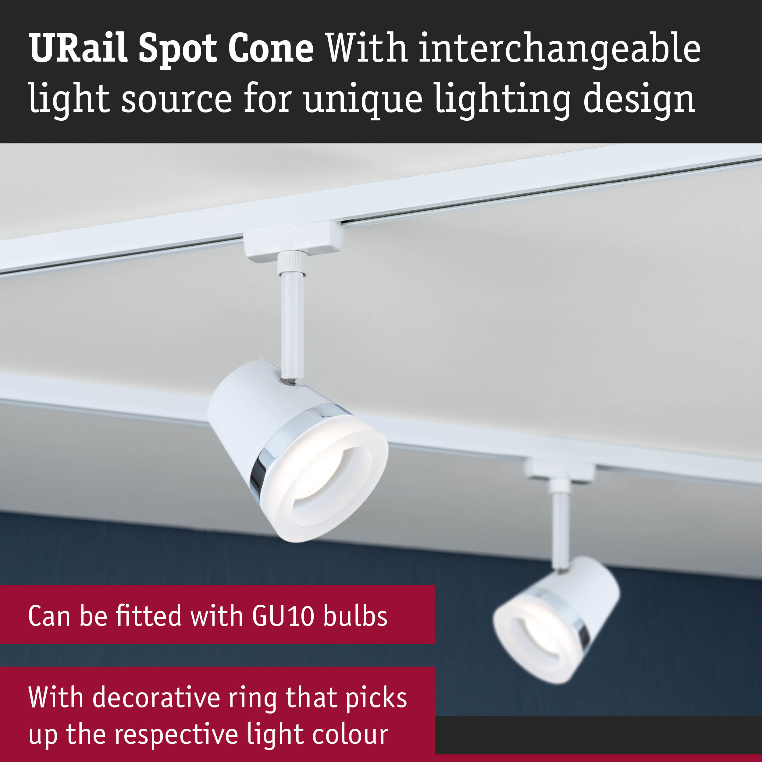 White metal URail Spot Cone with decorative ring and GU10 bulb fitting for adjustable lighting design