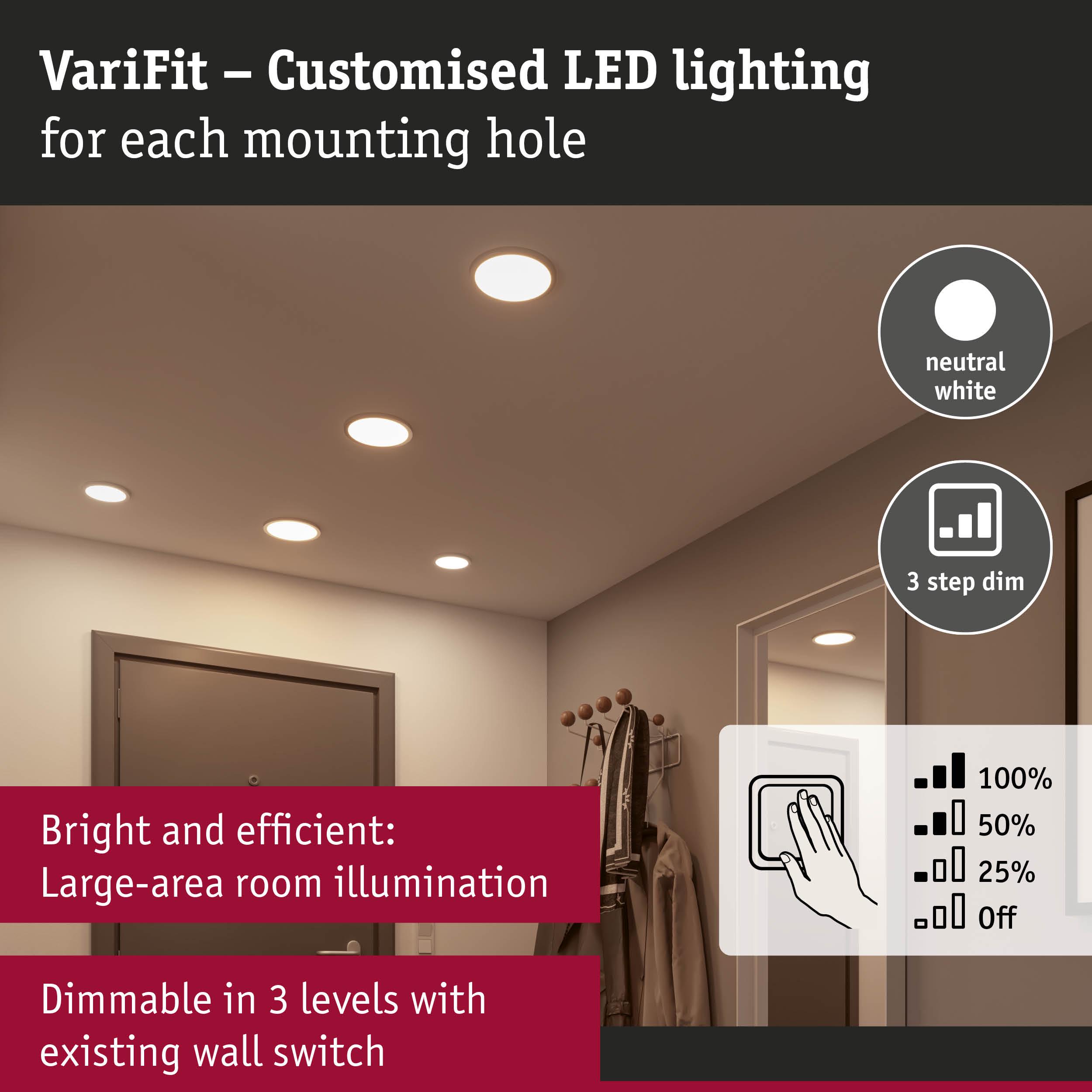 VariFit neutral white LED recessed lights with 3-step dimming for bright, efficient room lighting