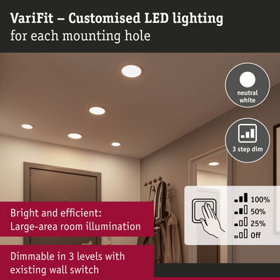 VariFit neutral white LED recessed lights with 3-step dimming for bright, efficient room lighting