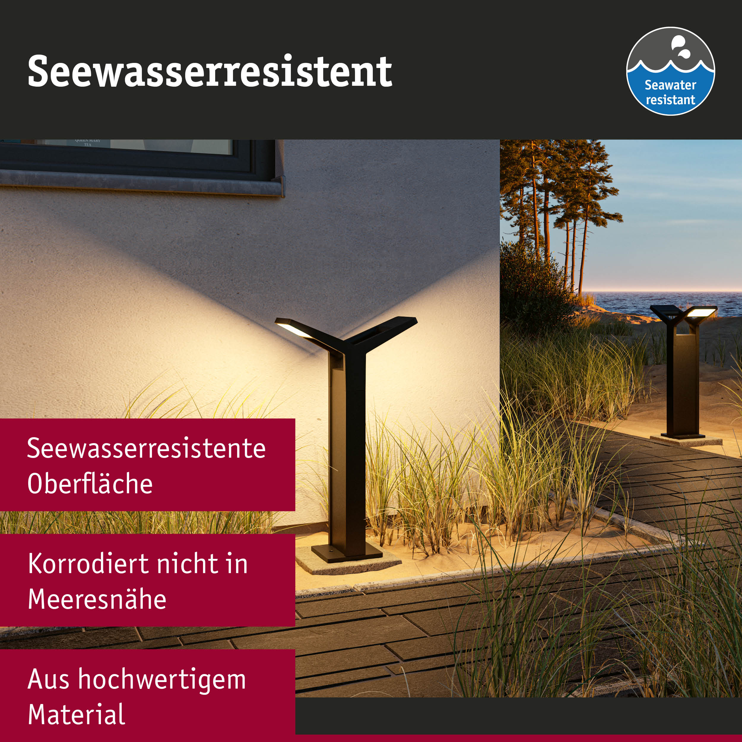 Schwarze Außenleuchte mit seewasserresistenter Oberfläche, ideal für Küstenbereiche und Gartenwege