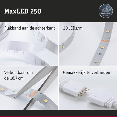 MaxLED 250 LED-strip met plakband, 30 LEDs/m, knipbaar en eenvoudig te verbinden voor flexibele verlichting