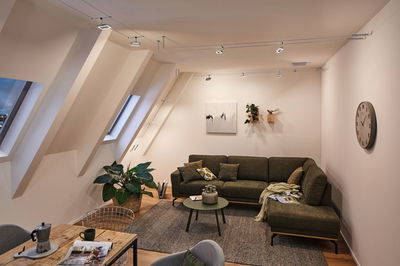 Salon moderne avec canapé en tissu vert, tapis gris et éclairage de plafond métallique minimaliste.
