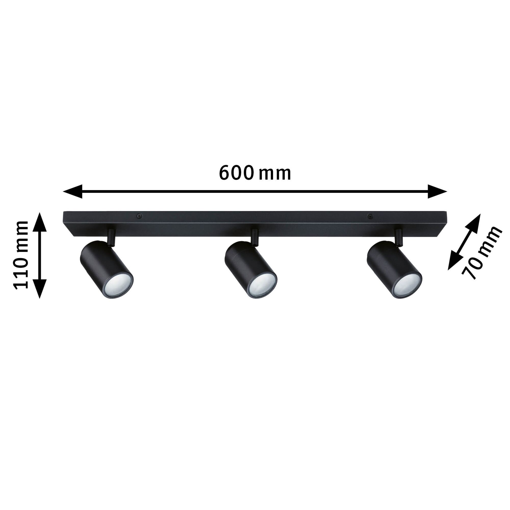 Schwarze LED-Deckenleuchte mit drei verstellbaren Spots aus Metall, 600 mm lang, moderne Innenbeleuchtung