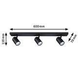 Schwarze LED-Deckenleuchte mit drei verstellbaren Spots aus Metall, 600 mm lang, moderne Innenbeleuchtung