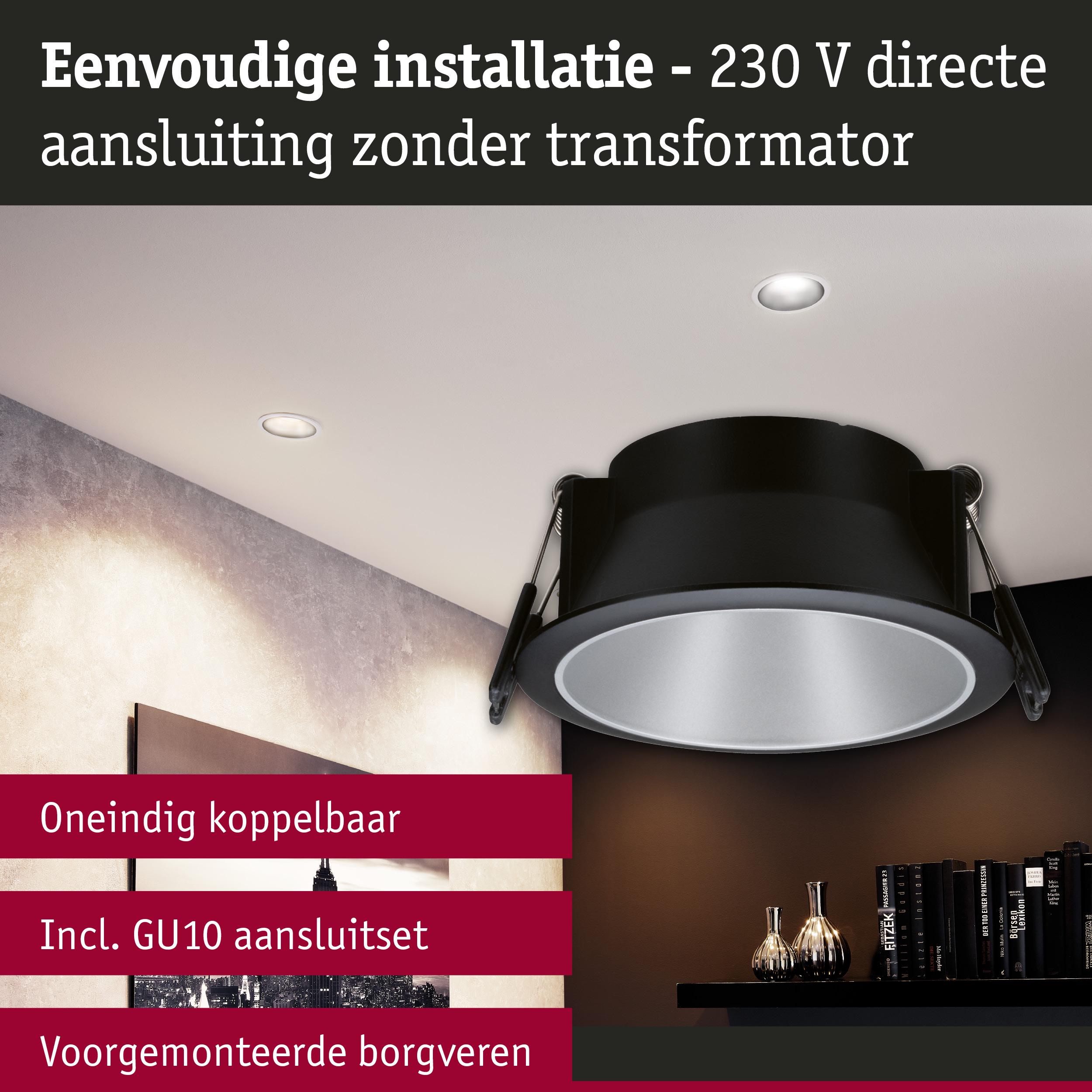 Zwarte inbouwspot met zilveren reflector voor 230 V directe aansluiting zonder transformator