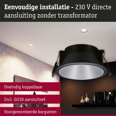 Zwarte inbouwspot met zilveren reflector voor 230 V directe aansluiting zonder transformator