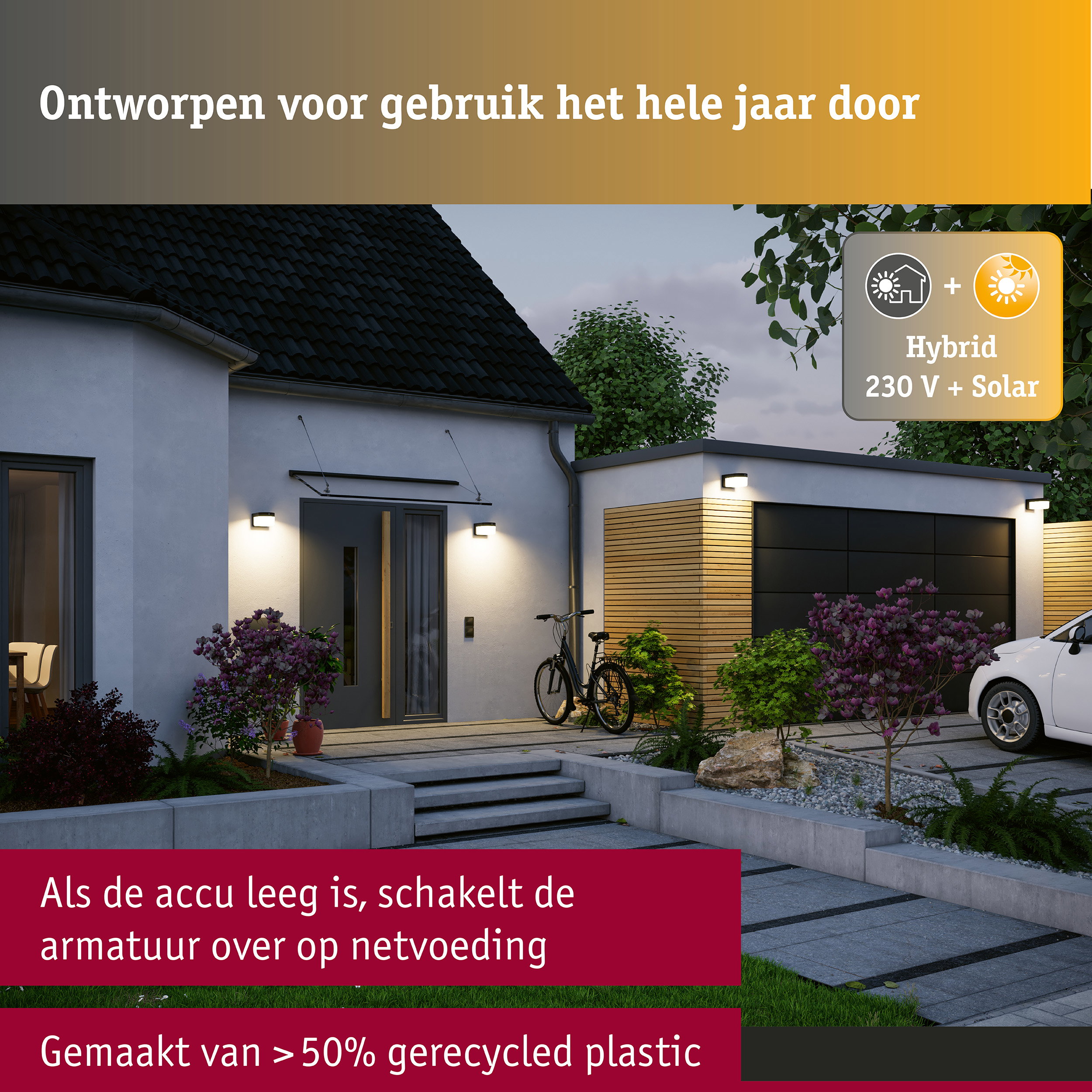 Hybrid LED-wandarmatuur voor buiten Calyne House 230V + Solar IP44 hoekig 145x229mm 3000K 2,3W 230lm 230V Zwart