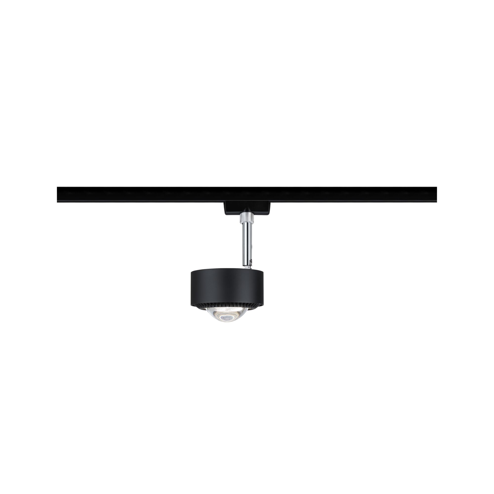 Black metal LED spotlight on track system, modern recessed light for living spaces