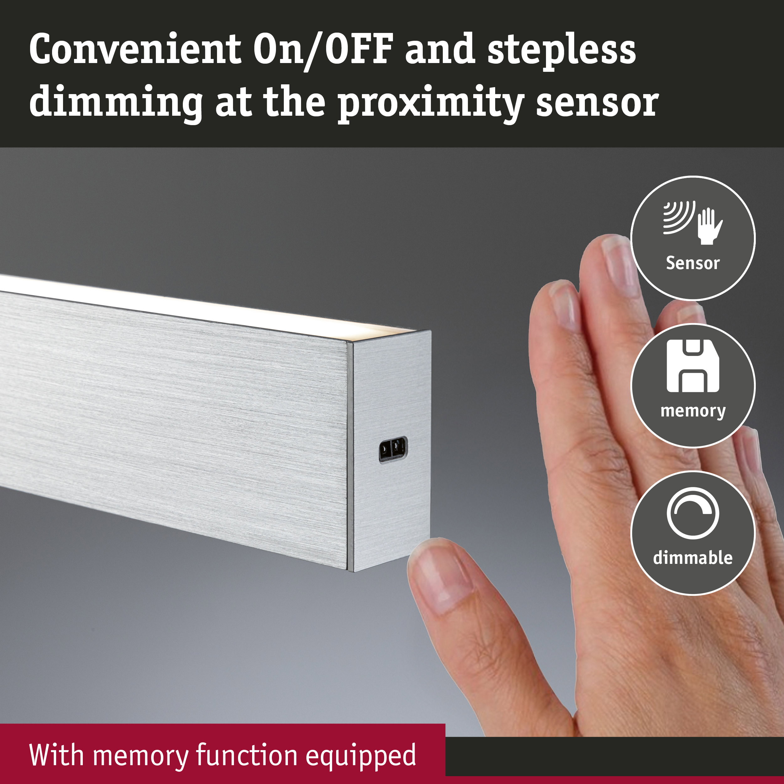 Silver aluminium wall light with sensor for stepless dimming and memory function
