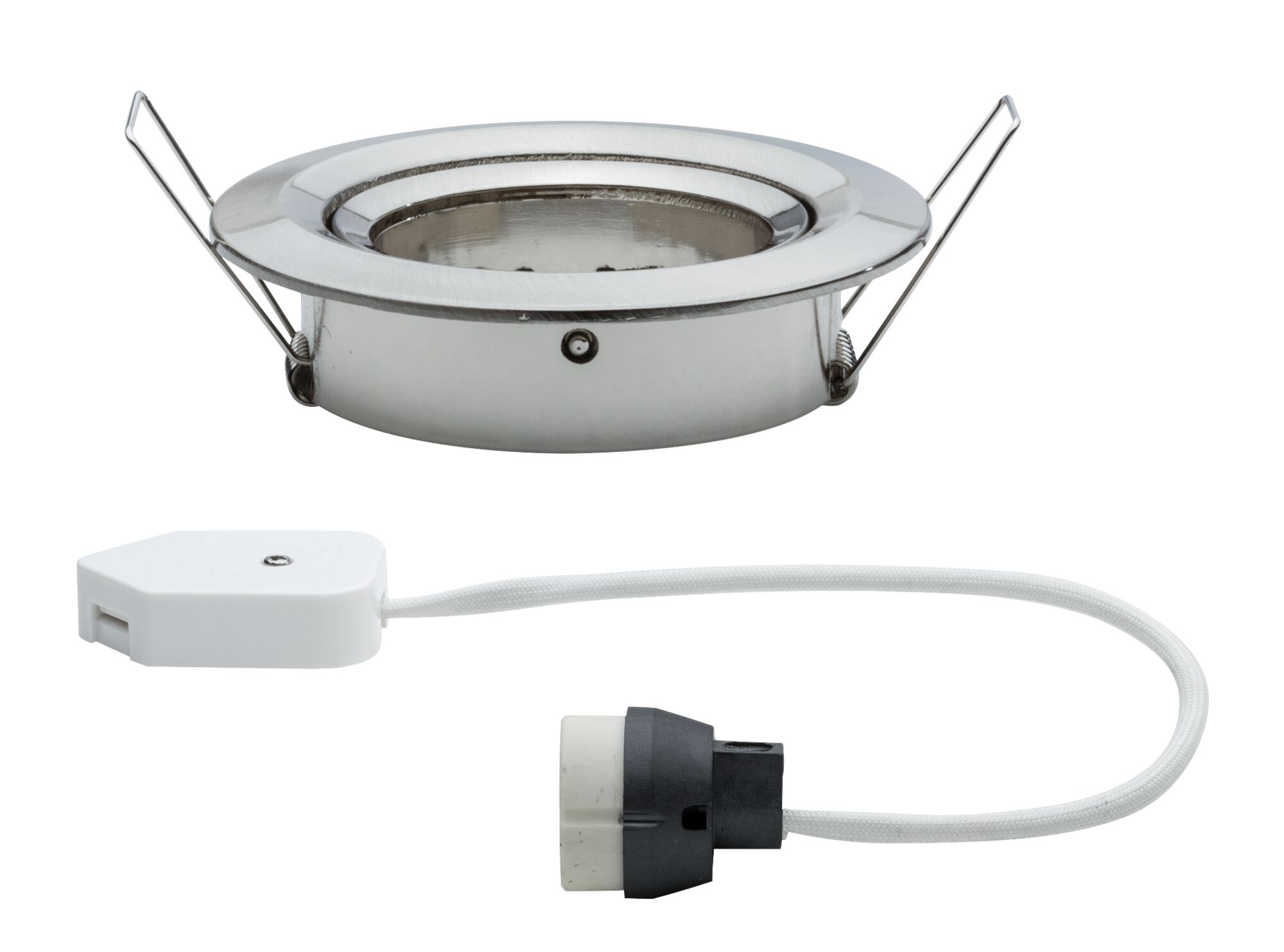 Round stainless steel recessed spotlight with white cable and black connector for LED lighting