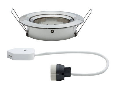 Round stainless steel recessed spotlight with white cable and black connector for LED lighting