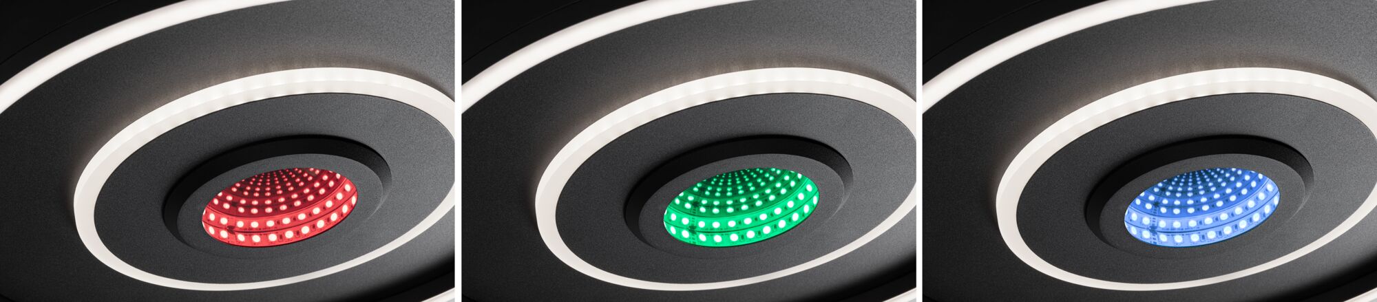 Moderne LED-plafondlamp met zwarte behuizing en kleurveranderend rood, groen en blauw licht
