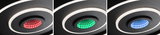 Moderne LED-plafondlamp met zwarte behuizing en kleurveranderend rood, groen en blauw licht