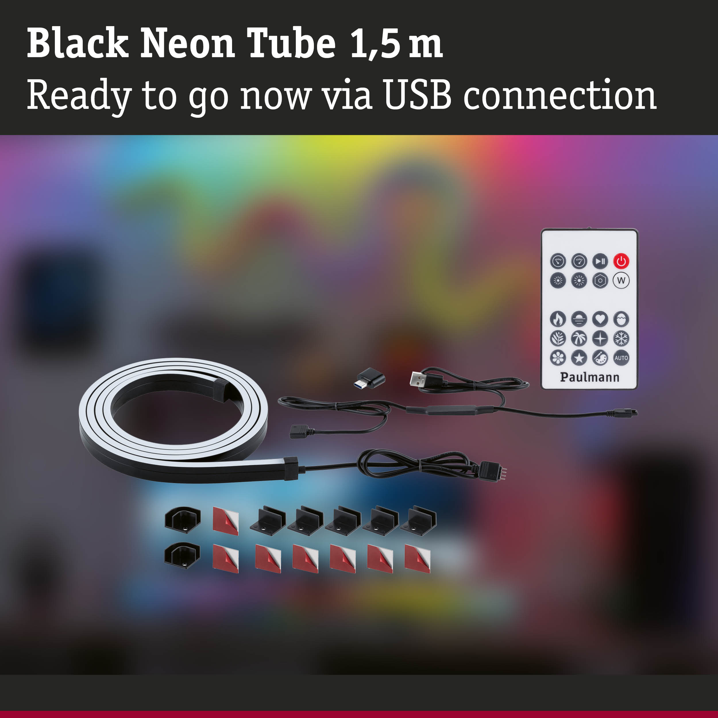 Black 1.5m neon tube with USB connection, remote control and mounting accessories for LED lighting