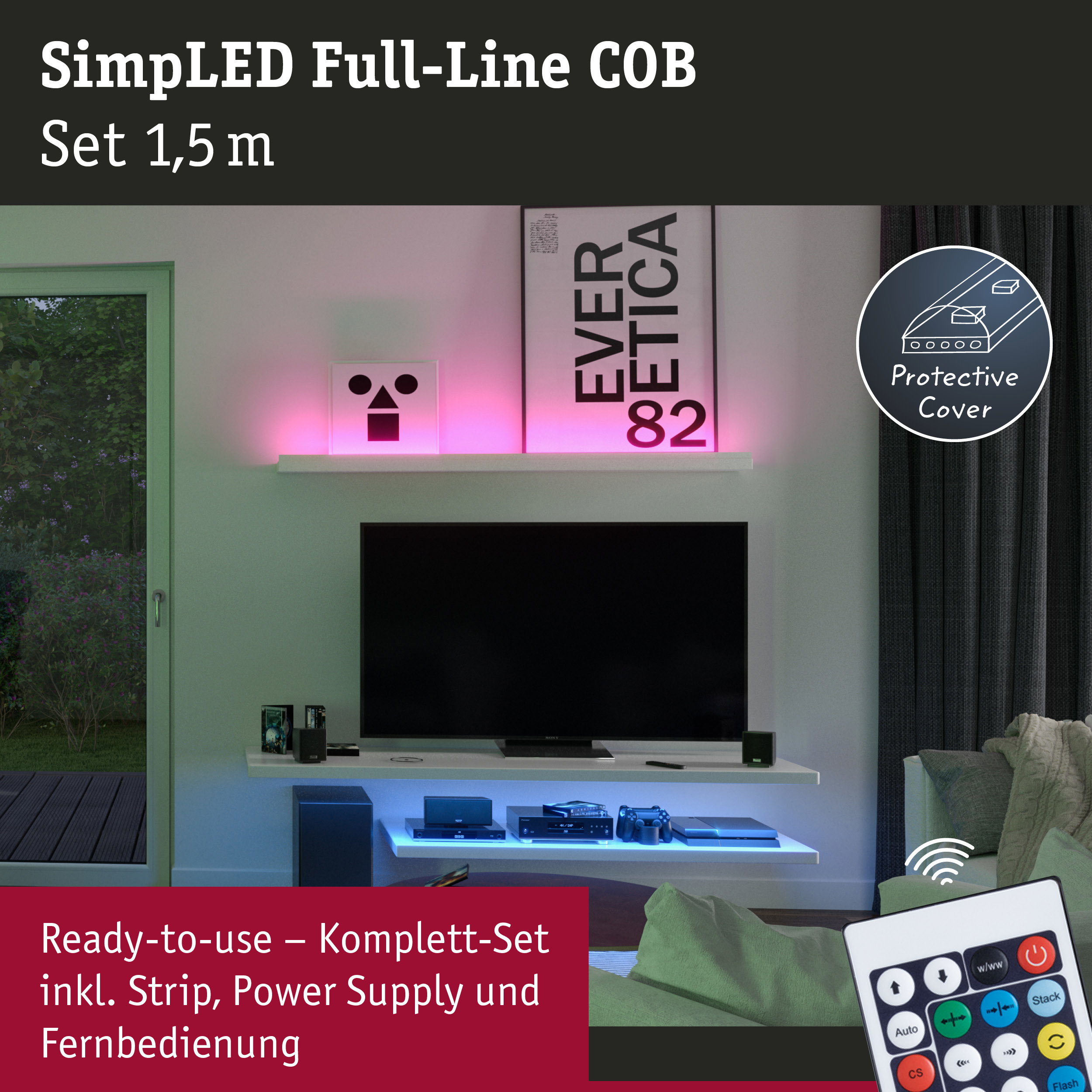 SimpLED Full-Line COB LED-Lichtset 1,5 m mit Fernbedienung und Schutzabdeckung für Wohnraumbeleuchtung