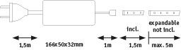 Technical drawing of white power supply with cables, dimensions 166x50x32 mm, 1.5 m cable length.