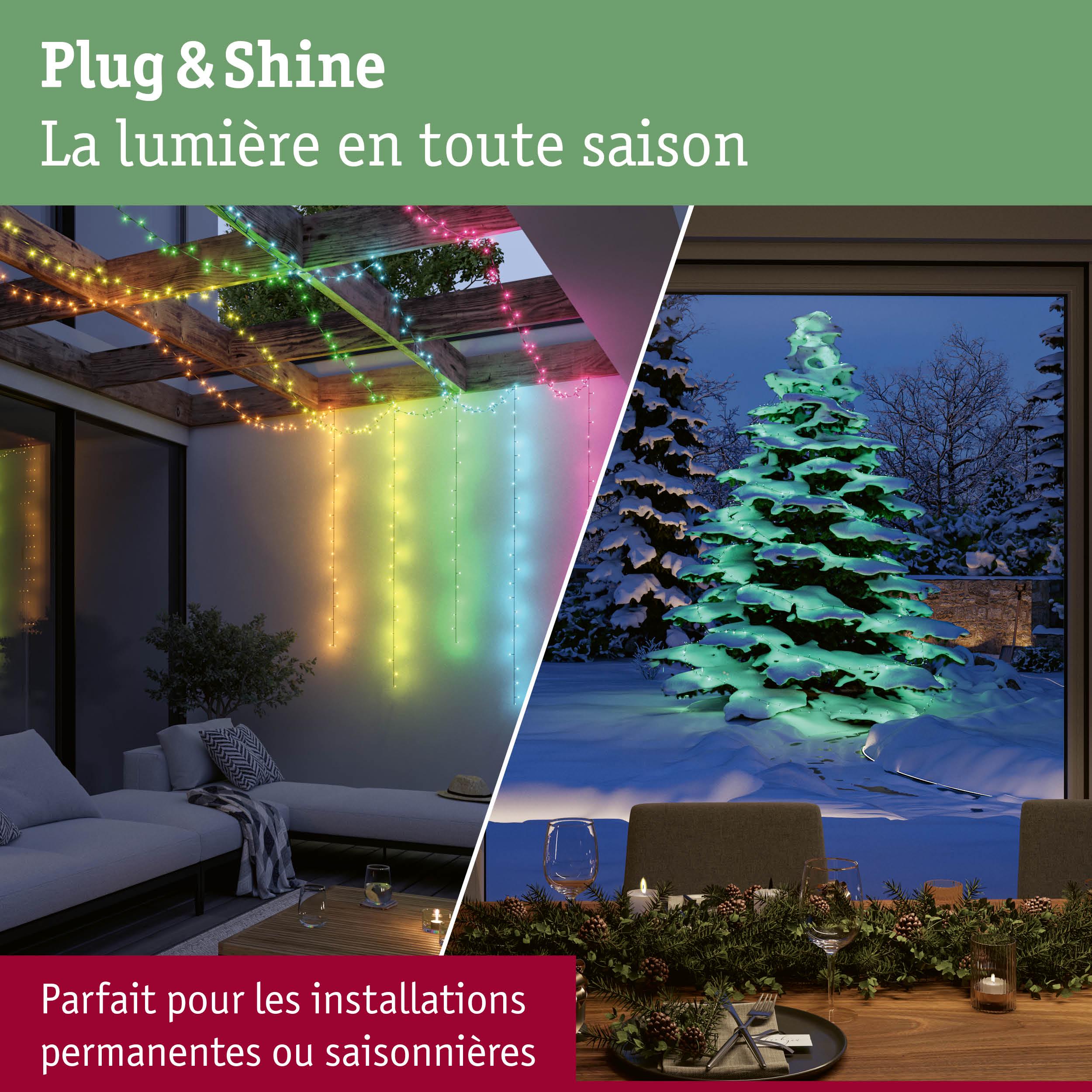 Guirlandes LED colorées et sapin de Noël illuminé dans une véranda pour décoration saisonnière