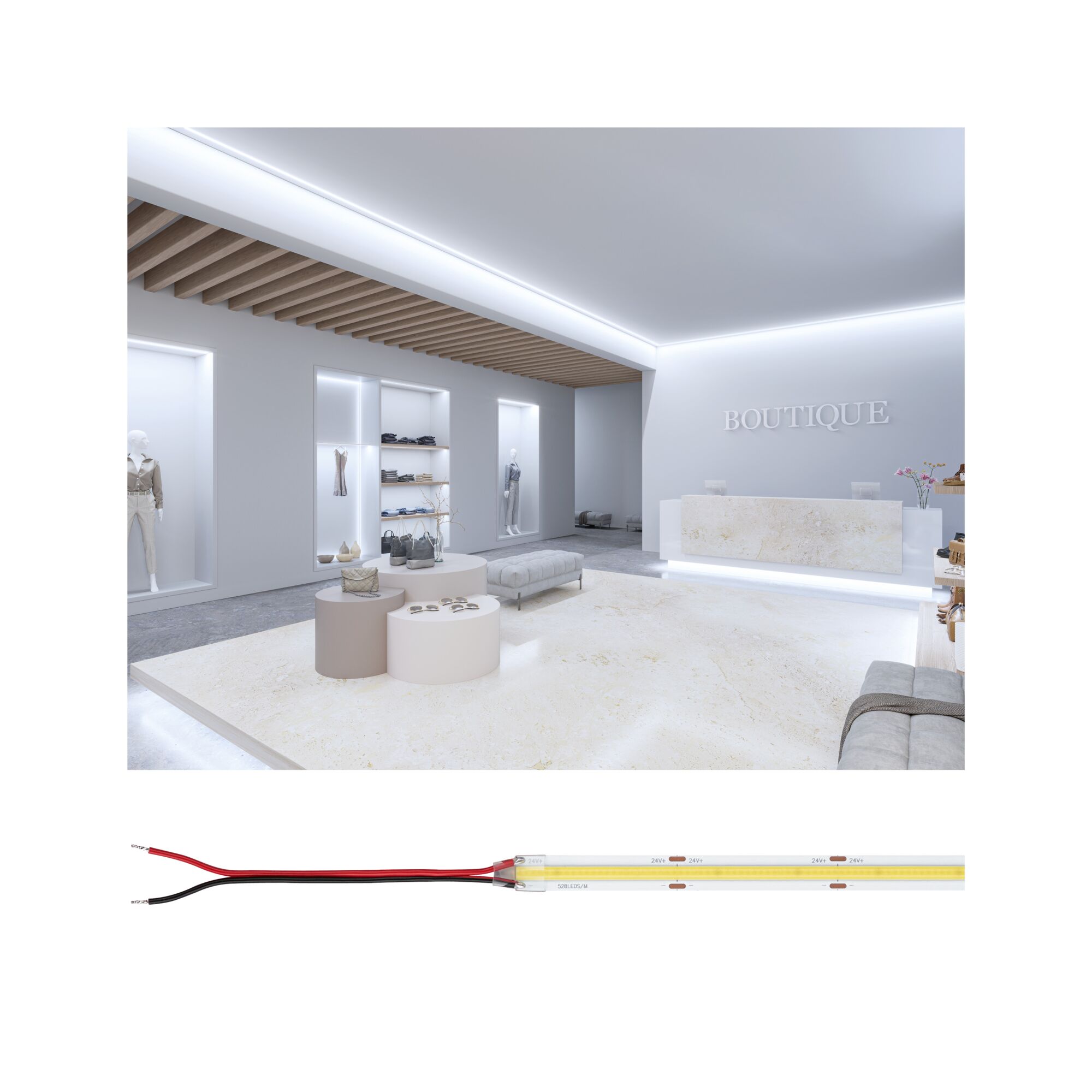 Bande LED blanche avec câble de connexion pour éclairage intérieur moderne et boutique