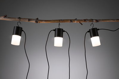 Three black LED pendant lights with white diffuser hanging from a branch, modern indoor lighting.