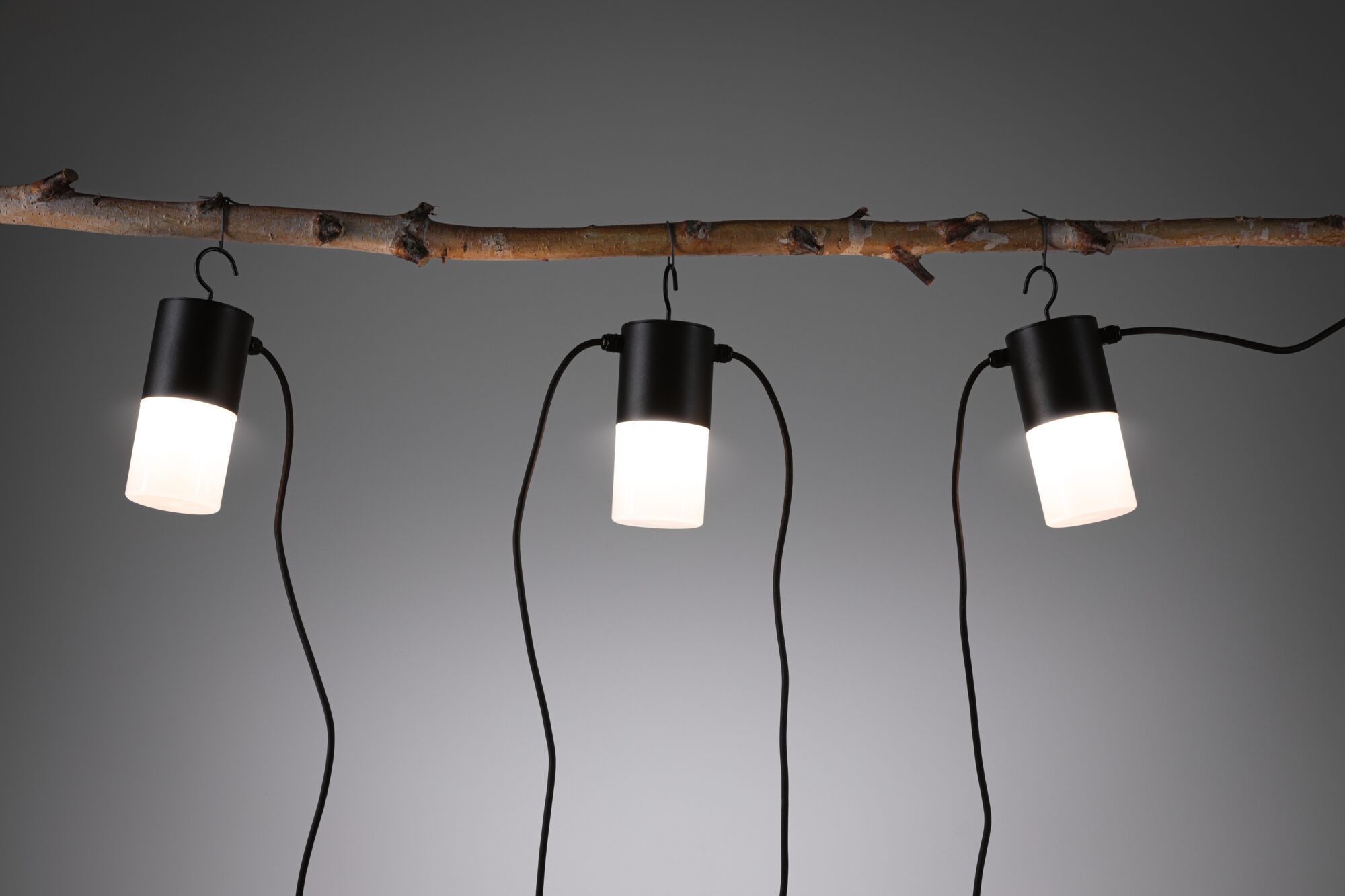 Trois suspensions LED noires avec diffuseur blanc suspendues à une branche, éclairage intérieur moderne.